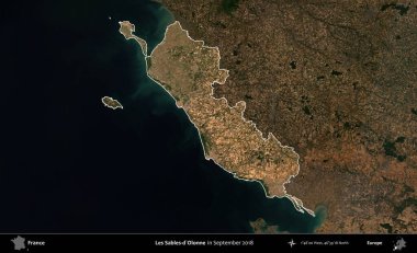 Les Sables-d'Olonne. Fransa 'nın idari alanı, Eylül 2018' de çekilen Kopernik Nöbetçi karolarından oluşan koyu renkli bir uydu görüntüsü üzerinde vurgulandı ve özetlendi.