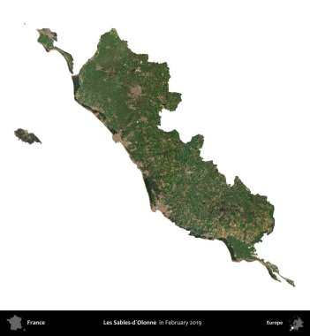 Les Sables-d'Olonne. Fransa 'nın idari bölgesi, Şubat 2019' da çekilen Kopernik Nöbetçi karolarından oluşan uydu görüntüsüyle beyaza izole edildi.