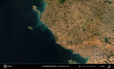 Les Sables-d'Olonne. Copernicus Sentinel 'in Eylül 2018' de çekilmiş uydu görüntüsü üzerine Fransa 'nın idari bölgesi.