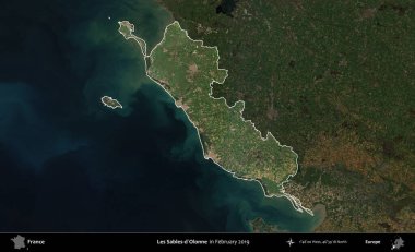 Les Sables-d'Olonne. Fransa 'nın idari alanı, Şubat 2019' da çekilen Kopernik Sentinel karolarından oluşan koyu renkli bir uydu görüntüsü üzerinde vurgulandı ve özetlendi.