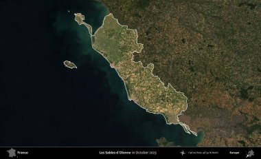 Les Sables-d'Olonne. Fransa 'nın idari alanı, Ekim 2023' te çekilen Kopernik Nöbetçi karolarından oluşan koyu renkli bir uydu görüntüsü üzerinde vurgulandı ve özetlendi.