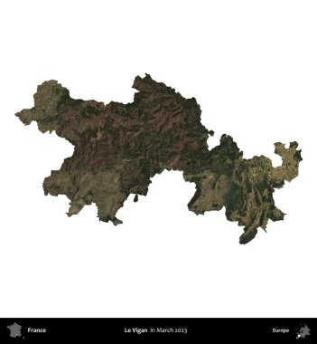 Le Vigan. Fransa 'nın idari bölgesi, Mart 2023' te çekilen Kopernik Nöbetçi karolarından oluşan bir uydu görüntüsüyle beyaza izole edildi.