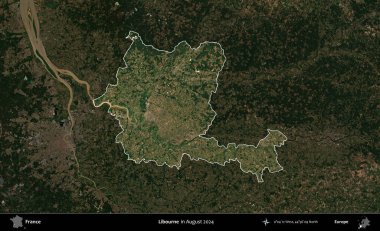 Libourne. Fransa 'nın idari alanı, Ağustos 2024' te çekilen Kopernik Sentinel karolarından oluşan koyu renkli bir uydu görüntüsü üzerinde vurgulandı ve özetlendi.