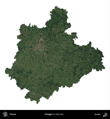 Limojeler. Fransa 'nın idari bölgesi, Temmuz 2021' de çekilen Kopernik Nöbetçi karolarından oluşan bir uydu görüntüsüyle beyaza izole edildi.