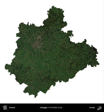Limojeler. Fransa 'nın idari bölgesi, Ekim 2024' te çekilen Kopernik Nöbetçi karolarından oluşan uydu görüntüsüyle beyaza izole edildi.