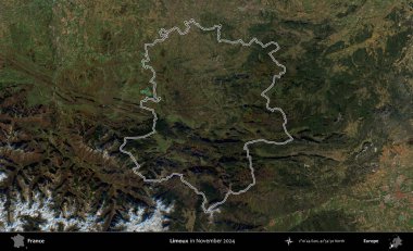 Limuzin. Copernicus Sentinel 'in Kasım 2024' te çekilen uydu görüntüsünde Fransa 'nın idari bölgesinin ana hatlarını çizdim.
