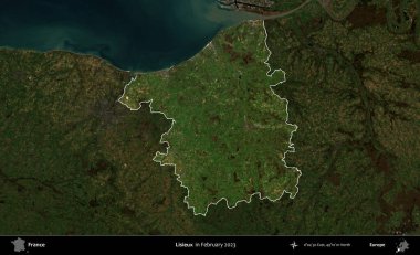 Lisieux. Fransa 'nın idari alanı, Şubat 2023' te çekilen Kopernik Nöbetçi karolarından oluşan koyu renkli bir uydu görüntüsü üzerinde vurgulandı ve özetlendi.