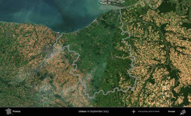 Lisieux. Eylül 2023 'te çekilen Copernicus Sentinel karolarından oluşan bir uydu görüntüsünde Fransa' nın idari bölgesinin ana hatlarını çizdim.