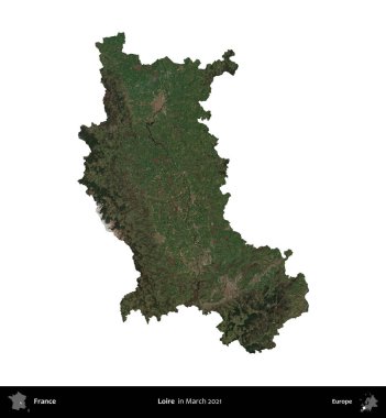 Loire. Fransa 'nın idari bölgesi, Mart 2021' de çekilen Kopernik Nöbetçi karolarından oluşan bir uydu görüntüsüyle beyaza izole edildi.