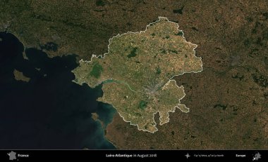 Loire-Atlantique 'de. Fransa 'nın idari alanı, Ağustos 2018' de çekilen Kopernik Nöbetçi karolarından oluşan koyu renkli bir uydu görüntüsü üzerinde vurgulandı ve özetlendi.