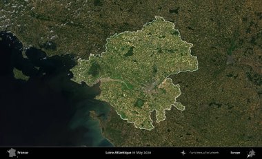 Loire-Atlantique 'de. Fransa 'nın idari alanı, Mayıs 2020' de çekilen Kopernik Nöbetçi karolarından oluşan koyu renkli bir uydu görüntüsü üzerinde vurgulandı ve özetlendi.
