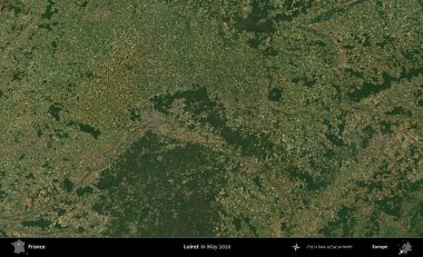 Loiret. Mayıs 2020 'de Copernicus Sentinel karolarından oluşan bir uydu görüntüsü üzerine Fransa' nın idari bölgesi