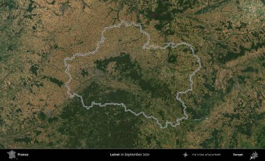 Loiret. Eylül 2021 'de çekilen Copernicus Sentinel karolarından oluşan bir uydu görüntüsünde Fransa' nın idari bölgesinin ana hatlarını çizdim.