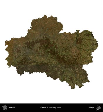 Loiret. Fransa 'nın idari bölgesi, Şubat 2022' de çekilen Kopernik Nöbetçi karolarından oluşan bir uydu görüntüsüyle beyaza izole edildi.