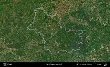 Loir-et-Cher. Mayıs 2018 'de çekilen Copernicus Sentinel karolarından oluşan bir uydu görüntüsünde Fransa' nın idari bölgesinin ana hatlarını çizdim.