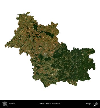 Loir-et-Cher. Fransa 'nın idari bölgesi, Haziran 2018' de çekilen Kopernik Nöbetçi karolarından oluşan uydu görüntüsüyle beyaza izole edildi.