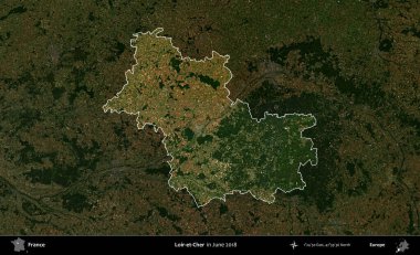 Loir-et-Cher. Fransa 'nın idari alanı, Haziran 2018' de çekilen Kopernik Sentinel karolarından oluşan koyu renkli bir uydu görüntüsü üzerinde vurgulandı ve özetlendi.