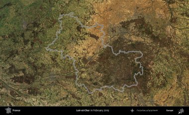 Loir-et-Cher. Copernicus Sentinel 'in Şubat 2019' da çekilen uydu görüntüsünde Fransa 'nın idari bölgesinin ana hatları belirlendi.
