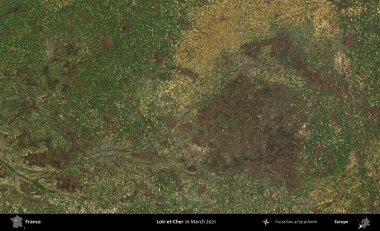 Loir-et-Cher. Copernicus Sentinel 'in Mart 2021' de çekilmiş uydu görüntüsü üzerine Fransa 'nın idari bölgesi.