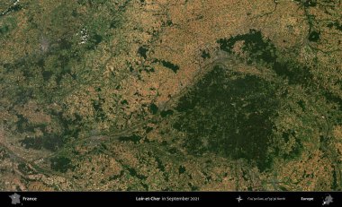 Loir-et-Cher. Copernicus Sentinel 'in Eylül 2021' de çekilmiş uydu görüntüsü üzerine Fransa 'nın idari bölgesi.
