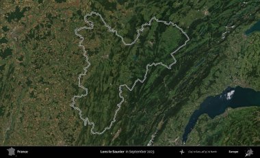 Lons-le-Saunier. Eylül 2023 'te çekilen Copernicus Sentinel karolarından oluşan bir uydu görüntüsünde Fransa' nın idari bölgesinin ana hatlarını çizdim.