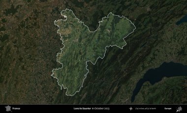 Lons-le-Saunier. Fransa 'nın idari alanı, Ekim 2023' te çekilen Kopernik Nöbetçi karolarından oluşan koyu renkli bir uydu görüntüsü üzerinde vurgulandı ve özetlendi.