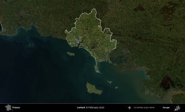 Lorient. Fransa 'nın idari alanı, Şubat 2020' de çekilen Kopernik Nöbetçi karolarından oluşan koyu renkli bir uydu görüntüsü üzerinde vurgulandı ve özetlendi.
