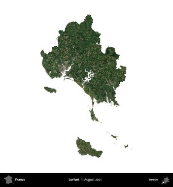 Lorient. Fransa 'nın idari bölgesi, Ağustos 2021' de çekilen Kopernik Nöbetçi karolarından oluşan bir uydu görüntüsüyle beyaza izole edildi.