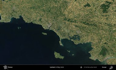 Lorient. Mayıs 2020 'de Copernicus Sentinel karolarından oluşan bir uydu görüntüsü üzerine Fransa' nın idari bölgesi