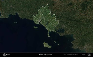 Lorient. Fransa 'nın idari alanı, Ağustos 2021' de çekilen Kopernik Sentinel karolarından oluşan koyu renkli bir uydu görüntüsü üzerinde vurgulandı ve özetlendi.
