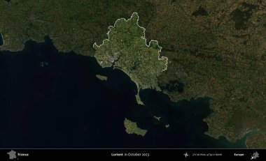 Lorient. Fransa 'nın idari alanı, Ekim 2023' te çekilen Kopernik Nöbetçi karolarından oluşan koyu renkli bir uydu görüntüsü üzerinde vurgulandı ve özetlendi.