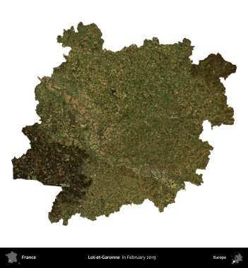 Lot-et-Garonne. Fransa 'nın idari bölgesi, Şubat 2019' da çekilen Kopernik Nöbetçi karolarından oluşan uydu görüntüsüyle beyaza izole edildi.