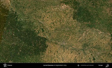 Lot-et-Garonne. Eylül 2019 'da Copernicus Sentinel karolarından oluşan bir uydu görüntüsü üzerine Fransa' nın idari bölgesi