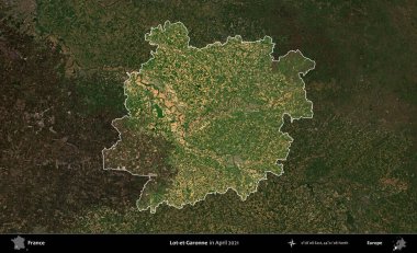 Lot-et-Garonne. Fransa 'nın idari alanı, Nisan 2021' de çekilen Kopernik Sentinel karolarından oluşan koyu renkli bir uydu görüntüsü üzerinde vurgulandı ve özetlendi.