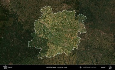 Lot-et-Garonne. Fransa 'nın idari alanı, Ağustos 2024' te çekilen Kopernik Sentinel karolarından oluşan koyu renkli bir uydu görüntüsü üzerinde vurgulandı ve özetlendi.