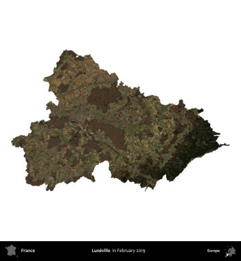 Luneville. Fransa 'nın idari bölgesi, Şubat 2019' da çekilen Kopernik Nöbetçi karolarından oluşan uydu görüntüsüyle beyaza izole edildi.