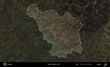 Yem. Fransa 'nın idari alanı, Mart 2022' de çekilen Kopernik Sentinel karolarından oluşan koyu renkli bir uydu görüntüsü üzerinde vurgulandı ve özetlendi.