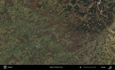 Yem. Copernicus Sentinel 'in Mart 2022' de çekilmiş uydu görüntüsü üzerine Fransa 'nın idari bölgesi.