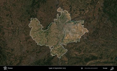Lyon. Fransa 'nın idari alanı, Eylül 2023' te çekilen Kopernik Nöbetçi karolarından oluşan koyu renkli bir uydu görüntüsü üzerinde vurgulandı ve özetlendi.