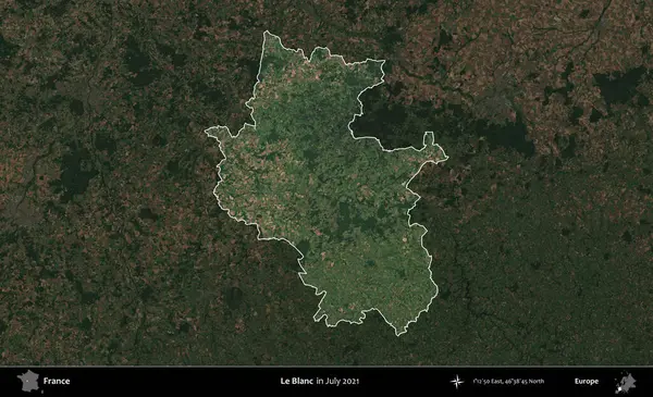 Le Blanc. Fransa 'nın idari alanı, Temmuz 2021' de çekilen Kopernik Nöbetçi karolarından oluşan koyu renkli bir uydu görüntüsüyle vurgulandı ve özetlendi.