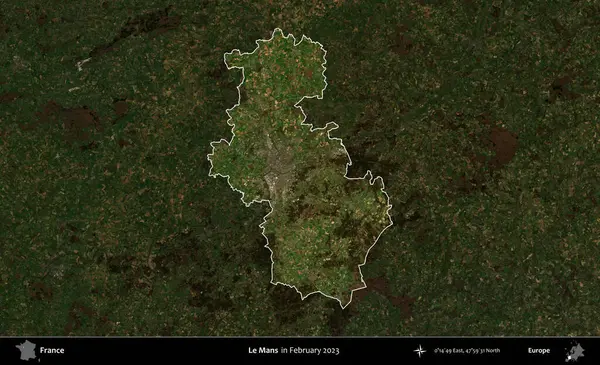 Le Mans 'da. Fransa 'nın idari alanı, Şubat 2023' te çekilen Kopernik Nöbetçi karolarından oluşan koyu renkli bir uydu görüntüsü üzerinde vurgulandı ve özetlendi.