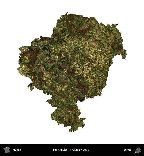 Les Andelys. Fransa 'nın idari bölgesi, Şubat 2023' te çekilen Kopernik Nöbetçi karolarından oluşan bir uydu görüntüsüyle beyaza izole edildi.