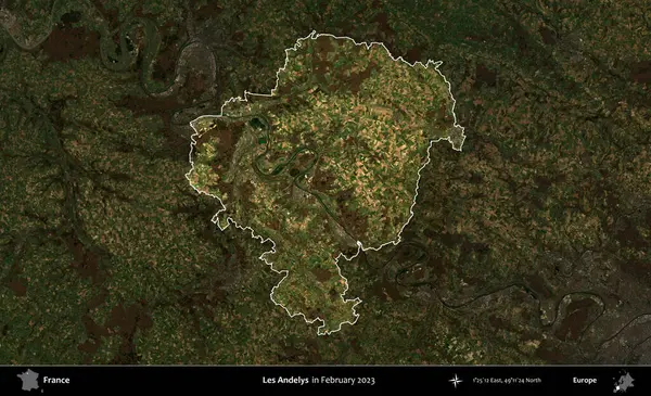 Les Andelys. Fransa 'nın idari alanı, Şubat 2023' te çekilen Kopernik Nöbetçi karolarından oluşan koyu renkli bir uydu görüntüsü üzerinde vurgulandı ve özetlendi.