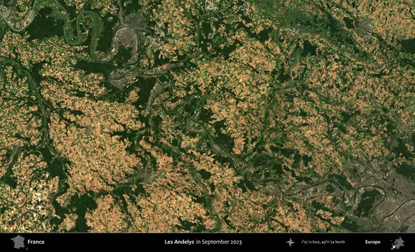 Les Andelys. Copernicus Sentinel 'in Eylül 2023' te çekilmiş uydu görüntüsü üzerine Fransa 'nın idari bölgesi.