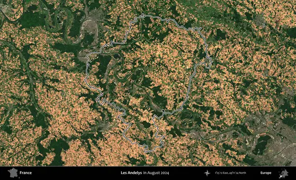 Les Andelys. Copernicus Sentinel 'in Ağustos 2024' te çekilen uydu görüntüsünde Fransa 'nın idari bölgesinin ana hatları belirlendi.