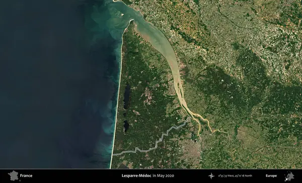 Lesparre-Medoc. Mayıs 2020 'de çekilen Copernicus Sentinel karolarından oluşan bir uydu görüntüsünde Fransa' nın idari bölgesinin ana hatları belirlendi.