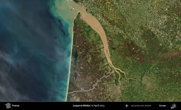 Lesparre-Medoc. Nisan 2023 'te çekilen Copernicus Sentinel karolarından oluşan bir uydu görüntüsünde Fransa' nın idari bölgesinin ana hatları belirlendi.