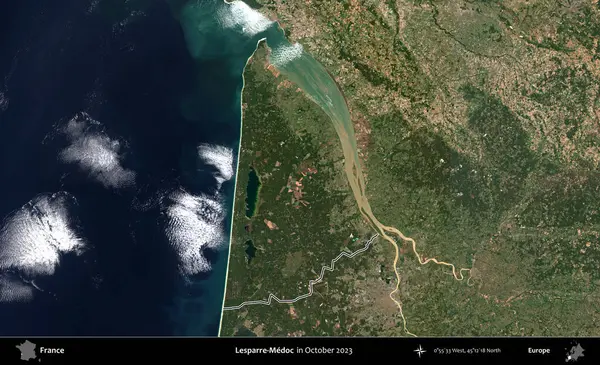 Lesparre-Medoc. Copernicus Sentinel 'in Ekim 2023' te çekilen uydu görüntüsünde Fransa 'nın idari bölgesinin ana hatları belirlendi.