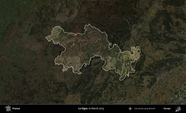 Le Vigan. Fransa 'nın idari alanı, Mart 2023' te çekilen Kopernik Nöbetçi karolarından oluşan koyu renkli bir uydu görüntüsü üzerinde vurgulandı ve özetlendi.