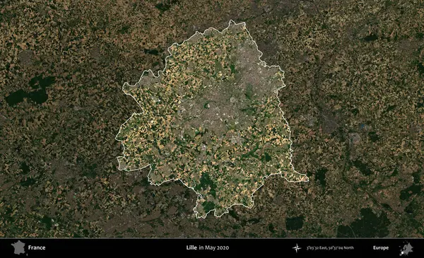 Lille. Fransa 'nın idari alanı, Mayıs 2020' de çekilen Kopernik Nöbetçi karolarından oluşan koyu renkli bir uydu görüntüsü üzerinde vurgulandı ve özetlendi.